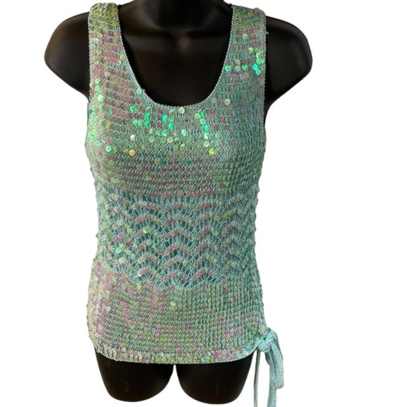 Krochetta Tops - Krochetta Sequin Teal Top - Size Medium
